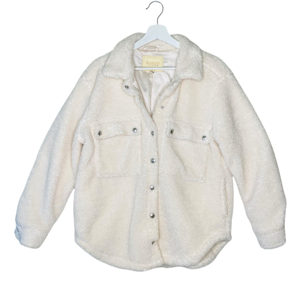 BlankNYC Sherpa Shacket Womens‎ Small Cream Plaid Fleece Button Jacket Pockets